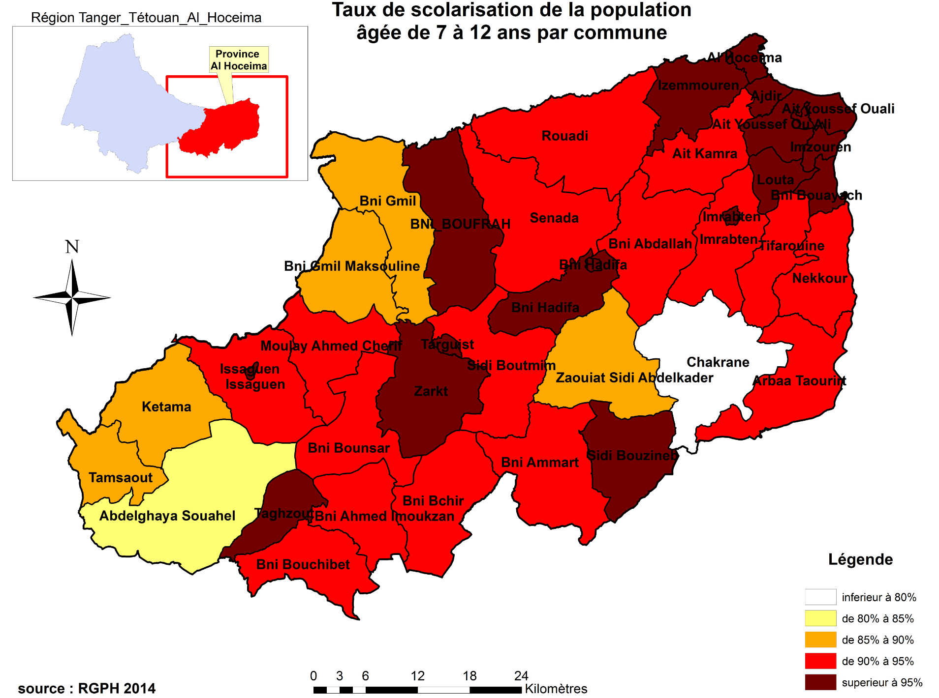 Le taux de scolarisation de la population agée de 7 ans à 12 ans par commune