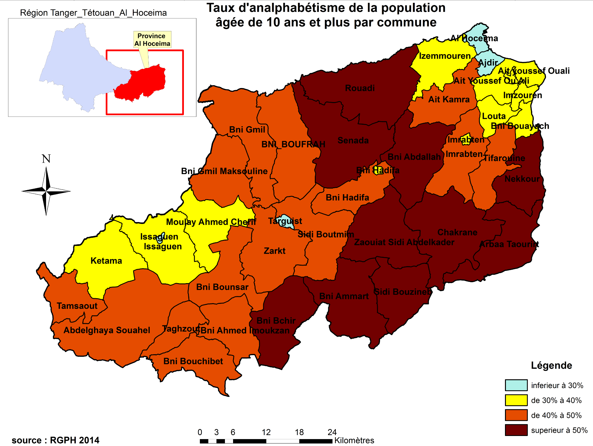 Le taux d'analphabétisme de la population agée de 10 ans et plus par commune