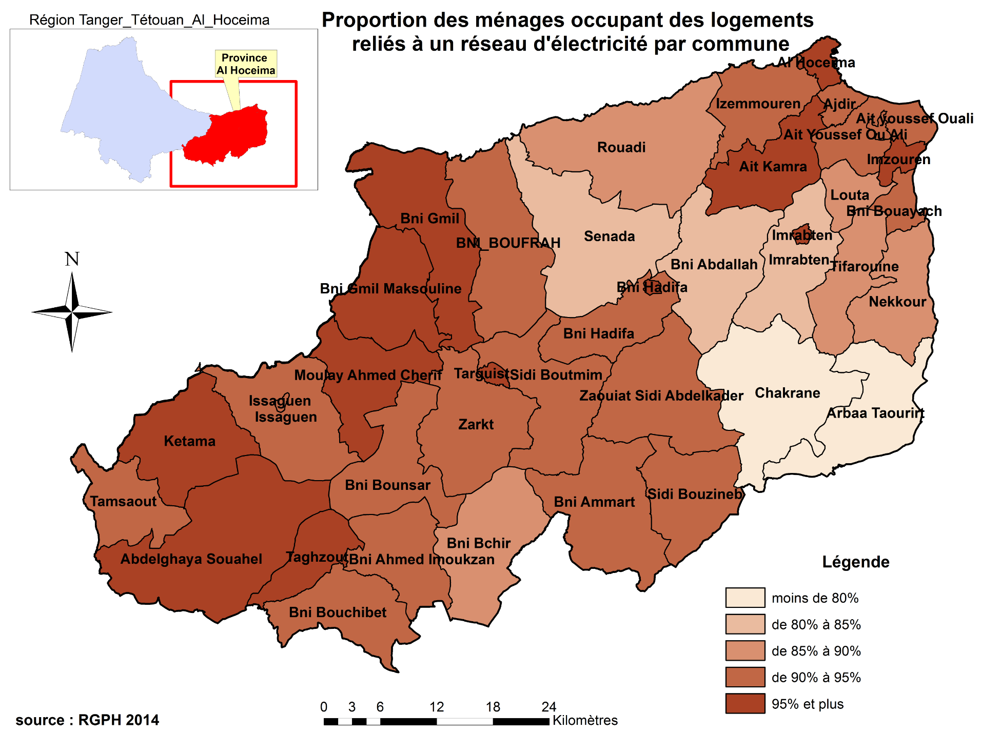 Proportion des ménages occupant des logements reliés à un reseau d'électricité par commune