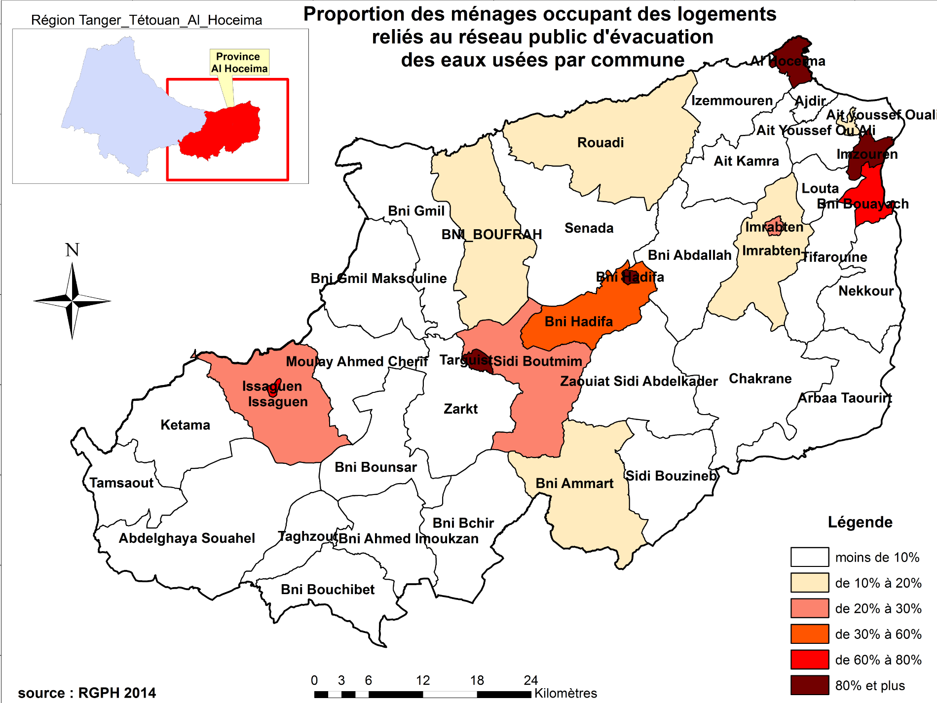 proportion des ménages occupant des logements reliés au réseau public d'évacuation des eaux usées par commune