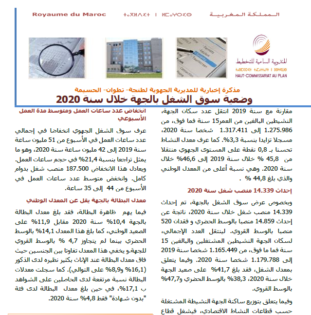 Note d'information de la direction régionale de Tanger Tétouan Al Hoceima sur les principales caractéristiques de la population  active occupée  de la région 2020 