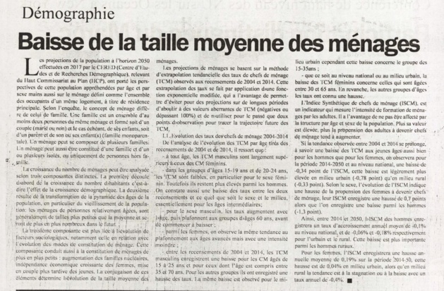 Démographie: Baisse de la taille moyenne des ménages Démographie: Baisse de la taille moyenne des ménages