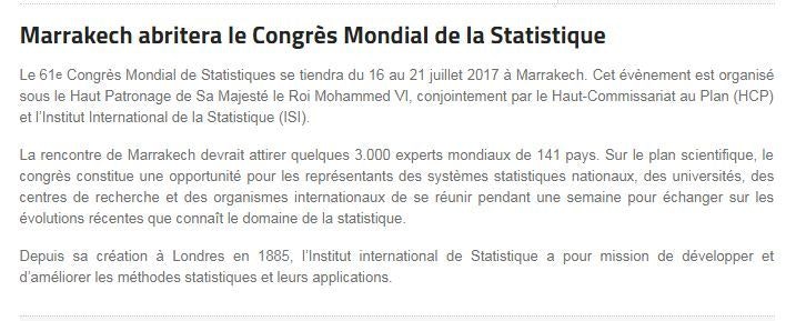 Marrakech abritera le Congrès Mondial de la Statistique Marrakech abritera le Congrès Mondial de la Statistique