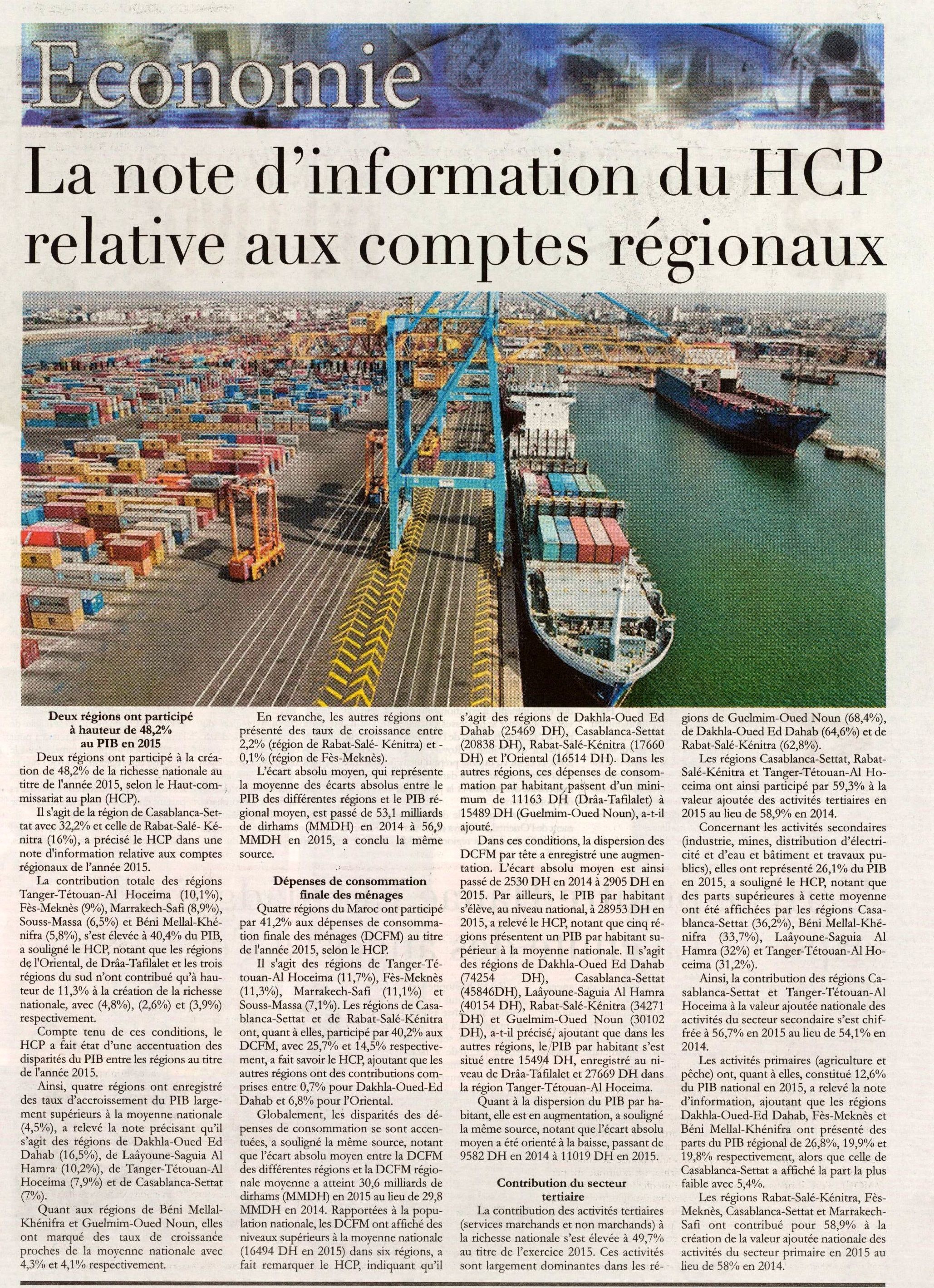 La note d'information du HCP relative aux comptes régionaux La note d'information du HCP relative aux comptes régionaux