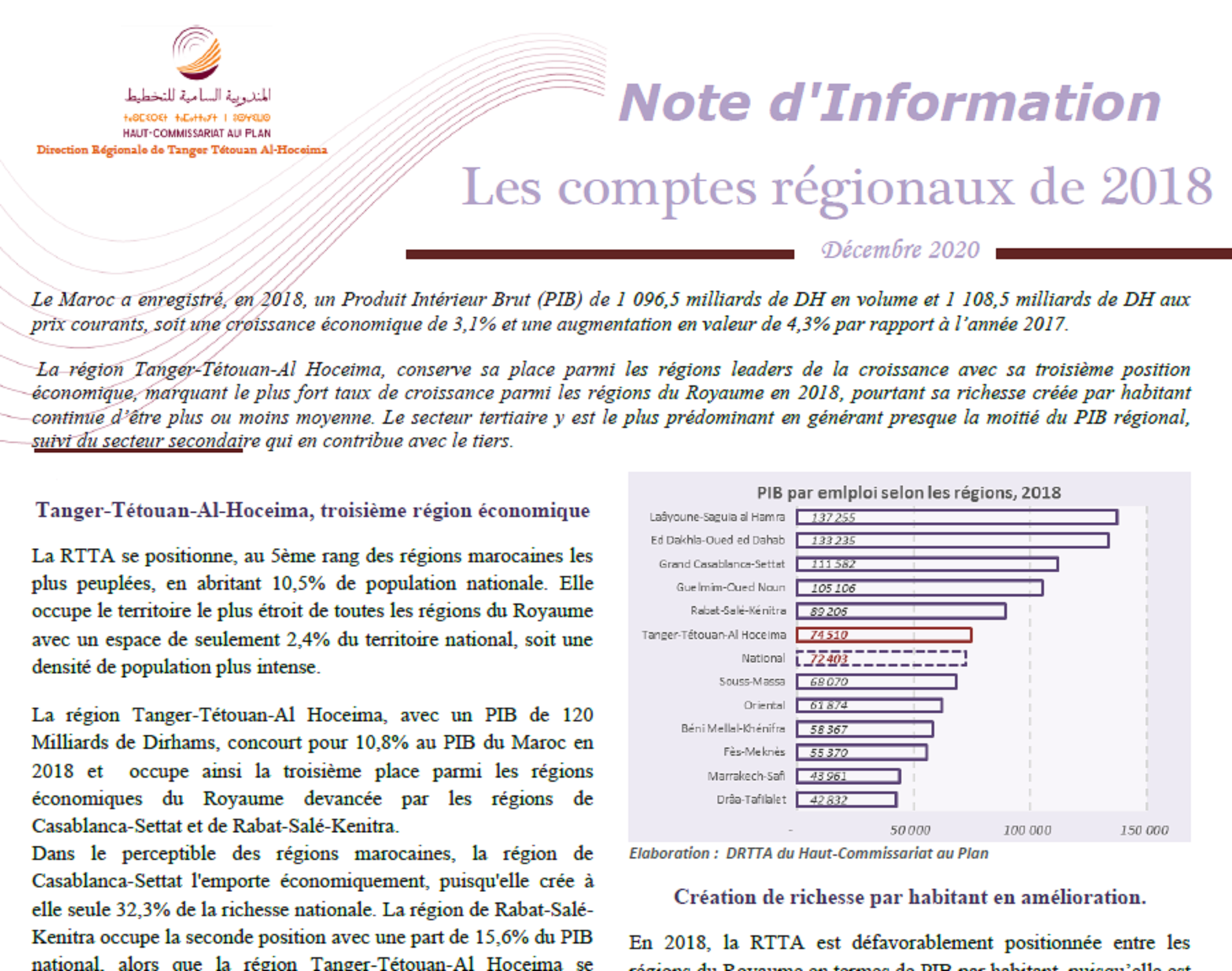 Note d'information sur les comptes régionaux 2018